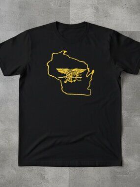 Wisconsin Outline Graphic Tee – Military Style Eagle Emblem Shirt – Bold Minimal